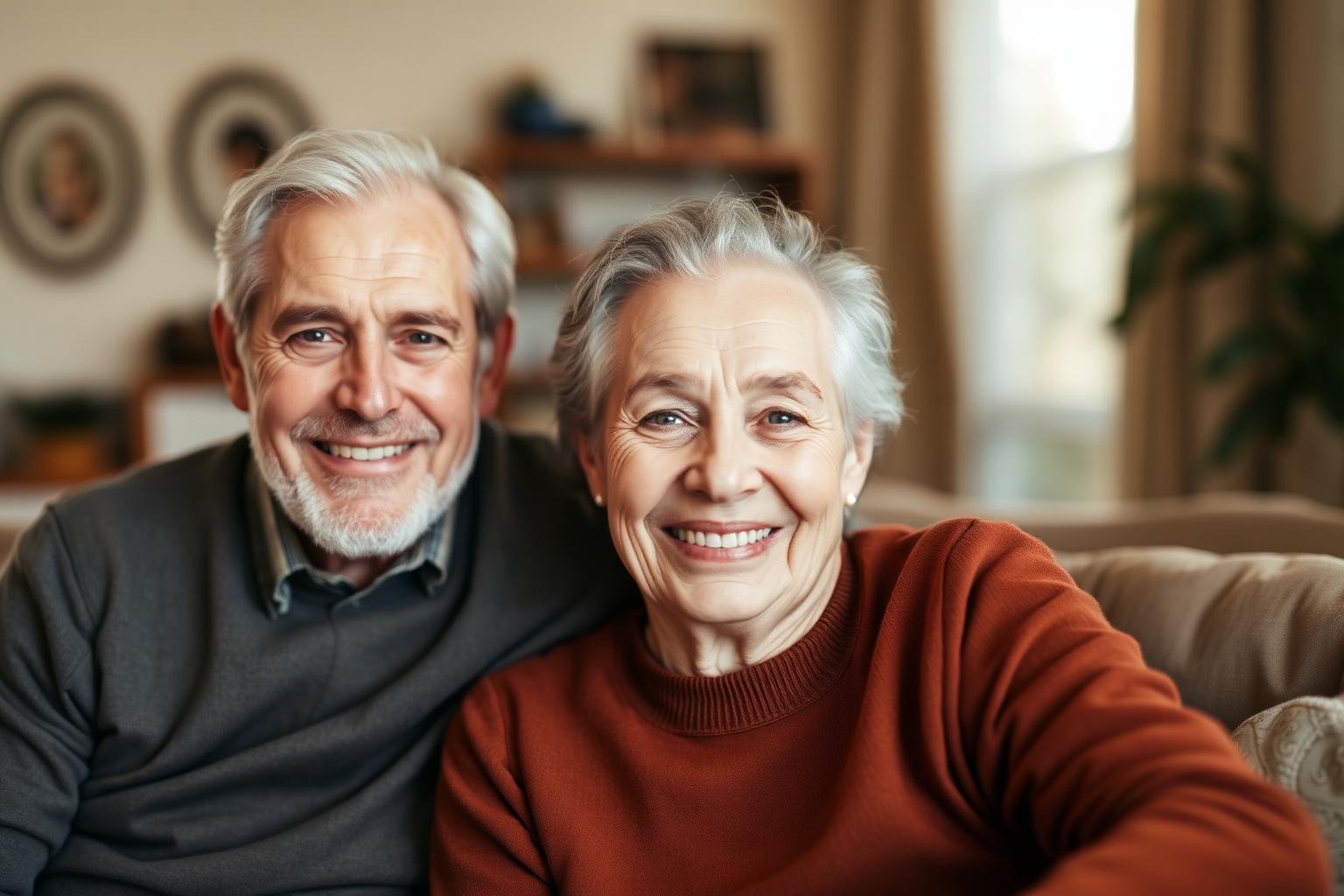 Happy senior couple smiling together at home